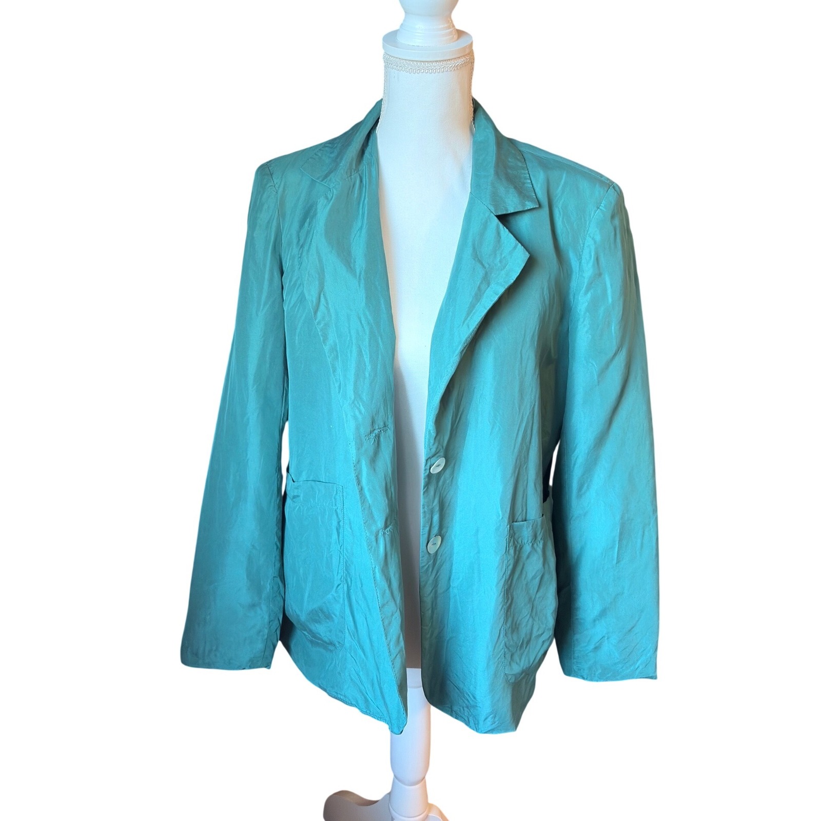 Wintersilks 100% Silk Teal Blazer Lightweight Button Front Minimalist Women's Pl